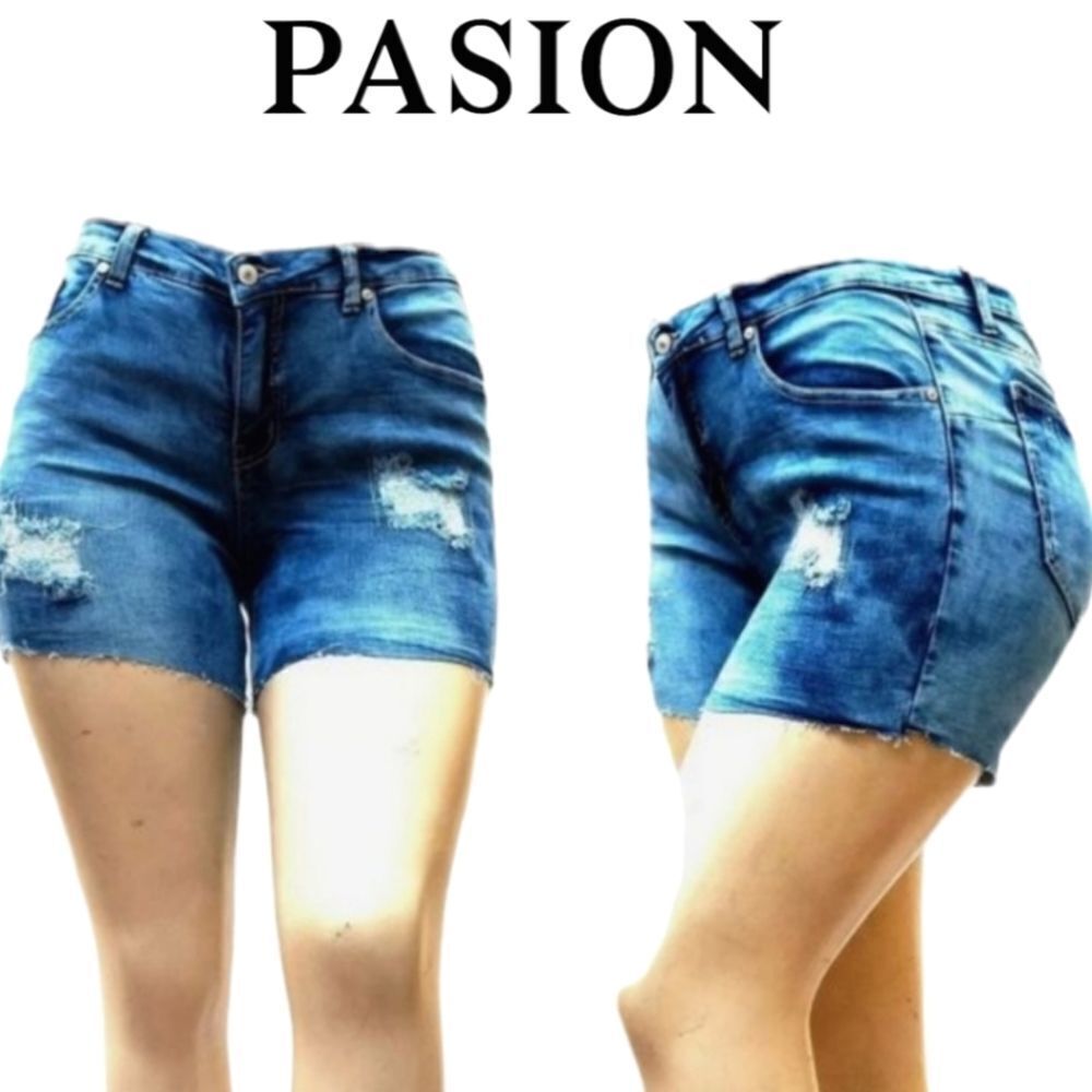 Pasion Plus Size Distressed Stretchy Denim Shorts. - Picture 2 of 14